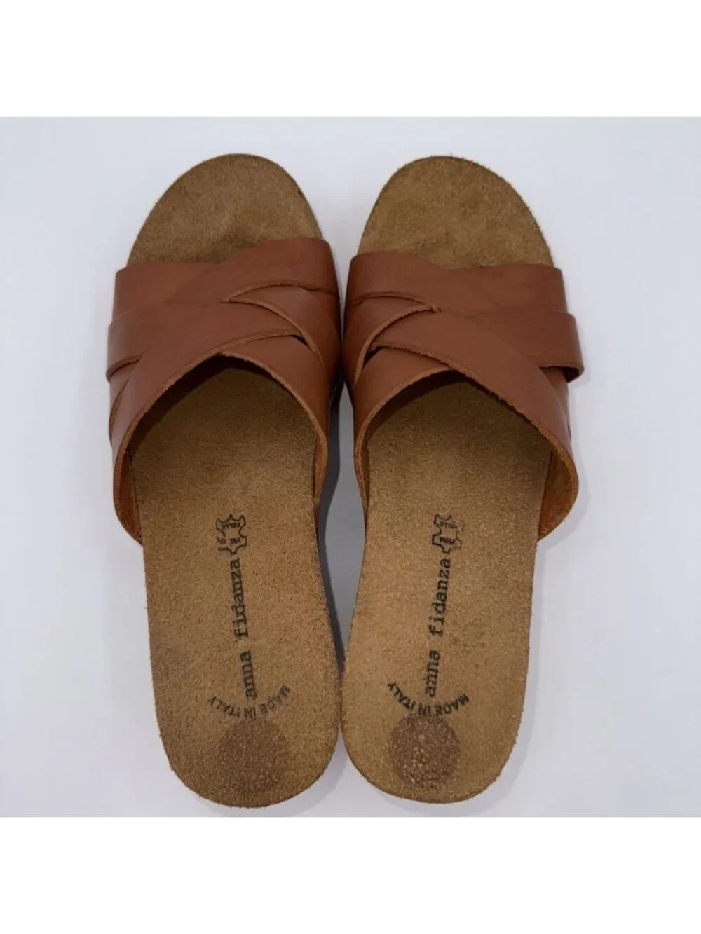 Anna Fidenza Brown Leather Crisscross Wedge Slide Sandals Italy Sz 38/US 7.5-8